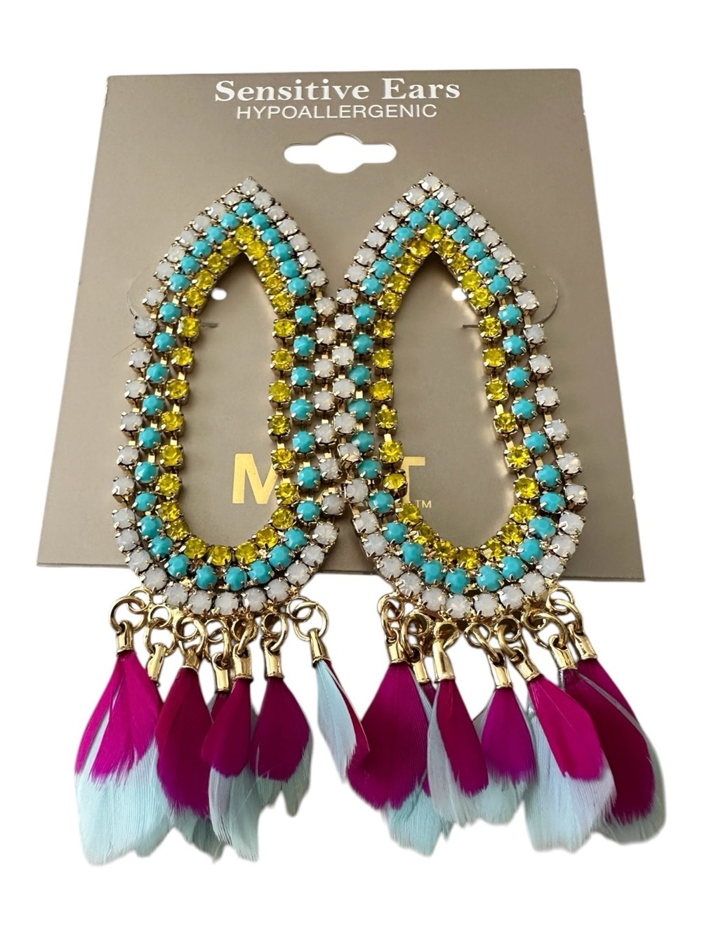 Colorful Rhinestone Feather Statement Earrings NWT Boho Festival Glam